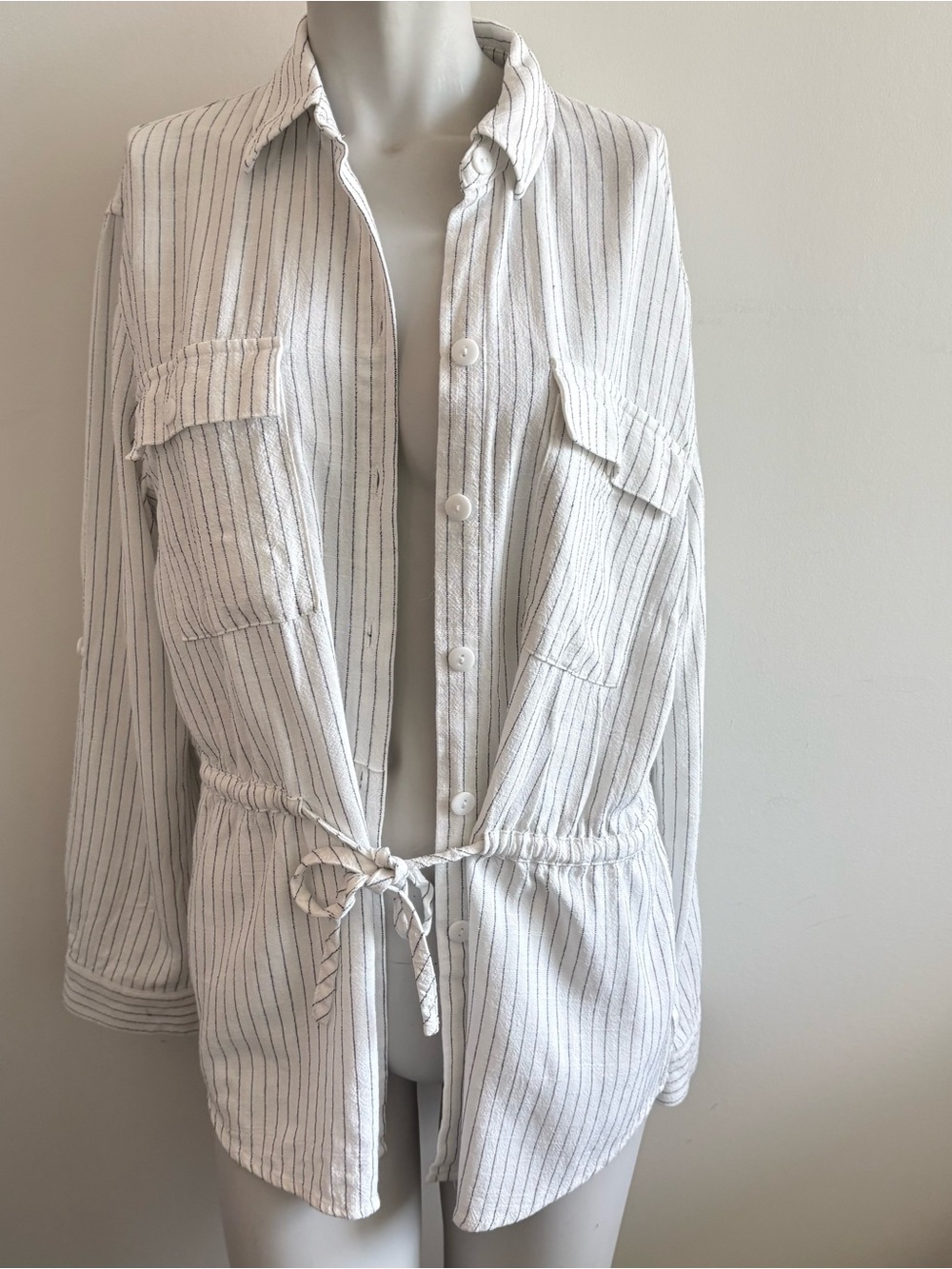 Striped Button-Front Tie-Waist Shirt Jacket - White with Thin Black Stripes